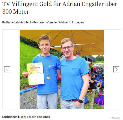 TV Villingen: Gold für Adrian Engstler über 800 Meter